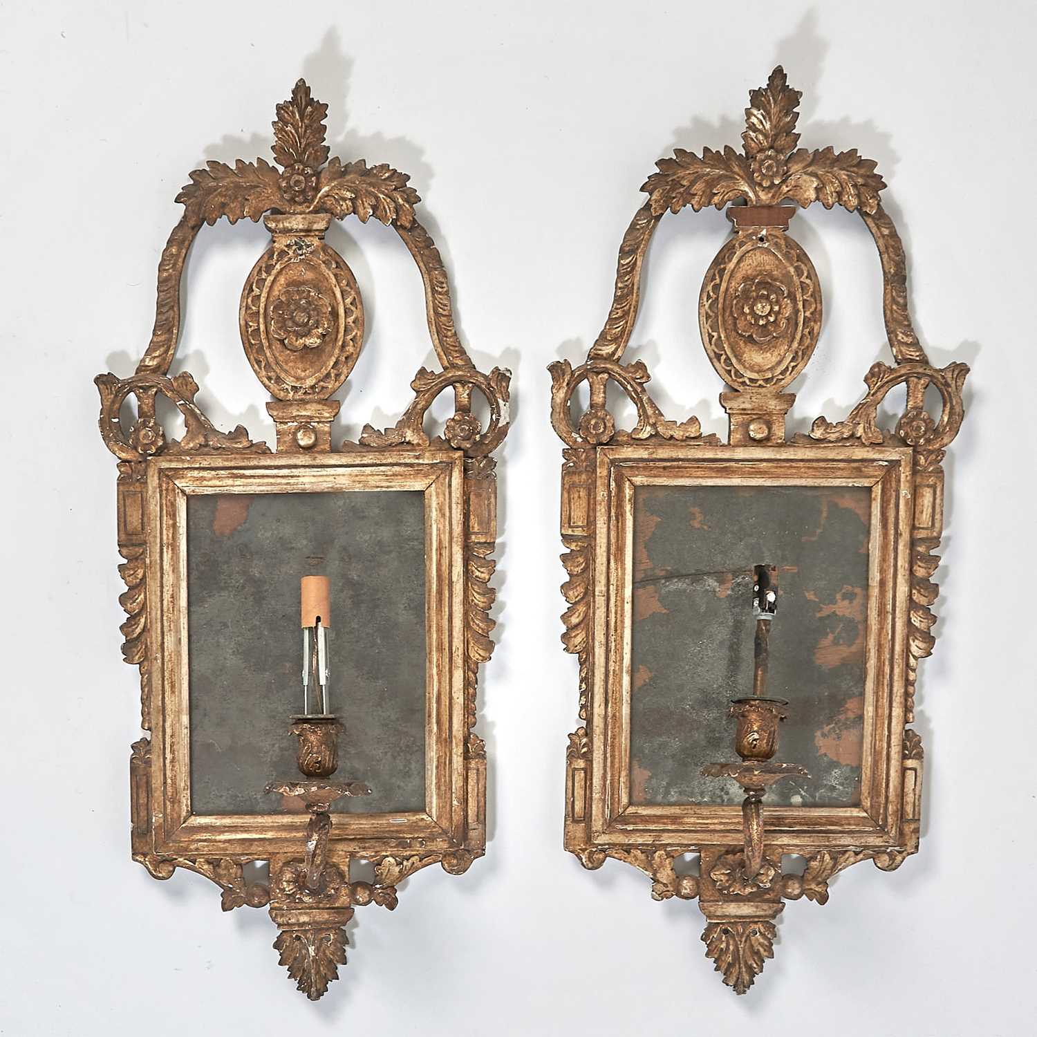 Lot 176 - Pair of Italian Rococo Gilt and Silvered Girandole Sconces