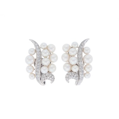 Lot 1108 - Pair of White Gold, Cultured Pearl and Diamond Earclips