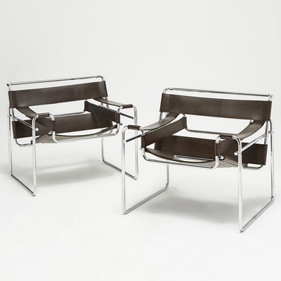 Lot 345 - Pair of Marcel Breuer Style Chromed Metal and Leather "Wassily" Chairs