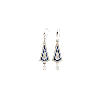 Lot 1115 - Pair of White Gold, Diamond and Sapphire Pendant-Earrings