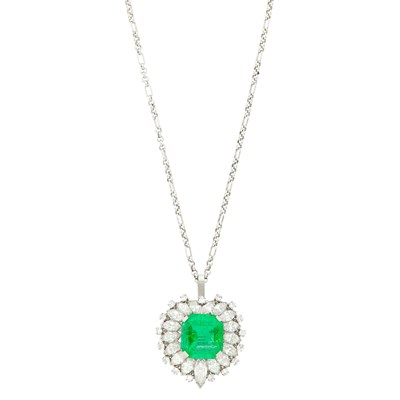 Lot 1106 - Platinum, Emerald and Diamond Pendant/Clip-Brooch with White Gold Chain Necklace