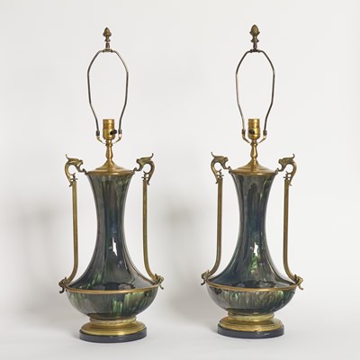 Lot 80 - Pair of Art Deco Sevres Style Bronze Mounted Ceramic Vases Mounted as Lamps