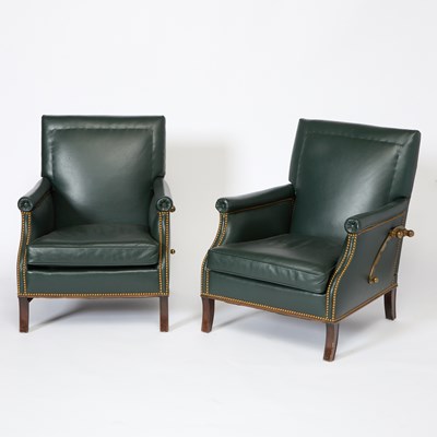 Lot 287 - Pair of French Neoclassical Style Green Leather and Brass Reclining Armchairs