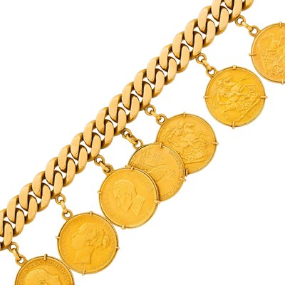 Lot 1114 - Gold and Gold Coin Curb Link Charm Bracelet