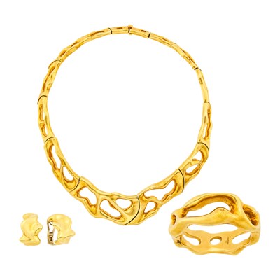 Lot 125 - Gold Necklace, Bangle Bracelet and Pair of Earclips