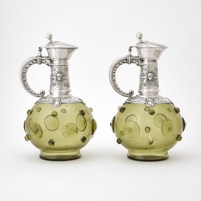 Lot 179 - Pair of Continental Silver Mounted Green Glass Claret Jugs