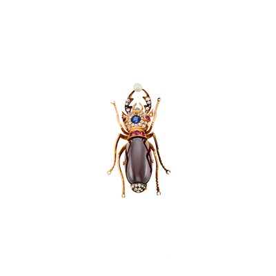 Lot 1111 - Gold, Carbuncle Garnet, Gem-Set, Diamond and Cultured Pearl Beetle Brooch