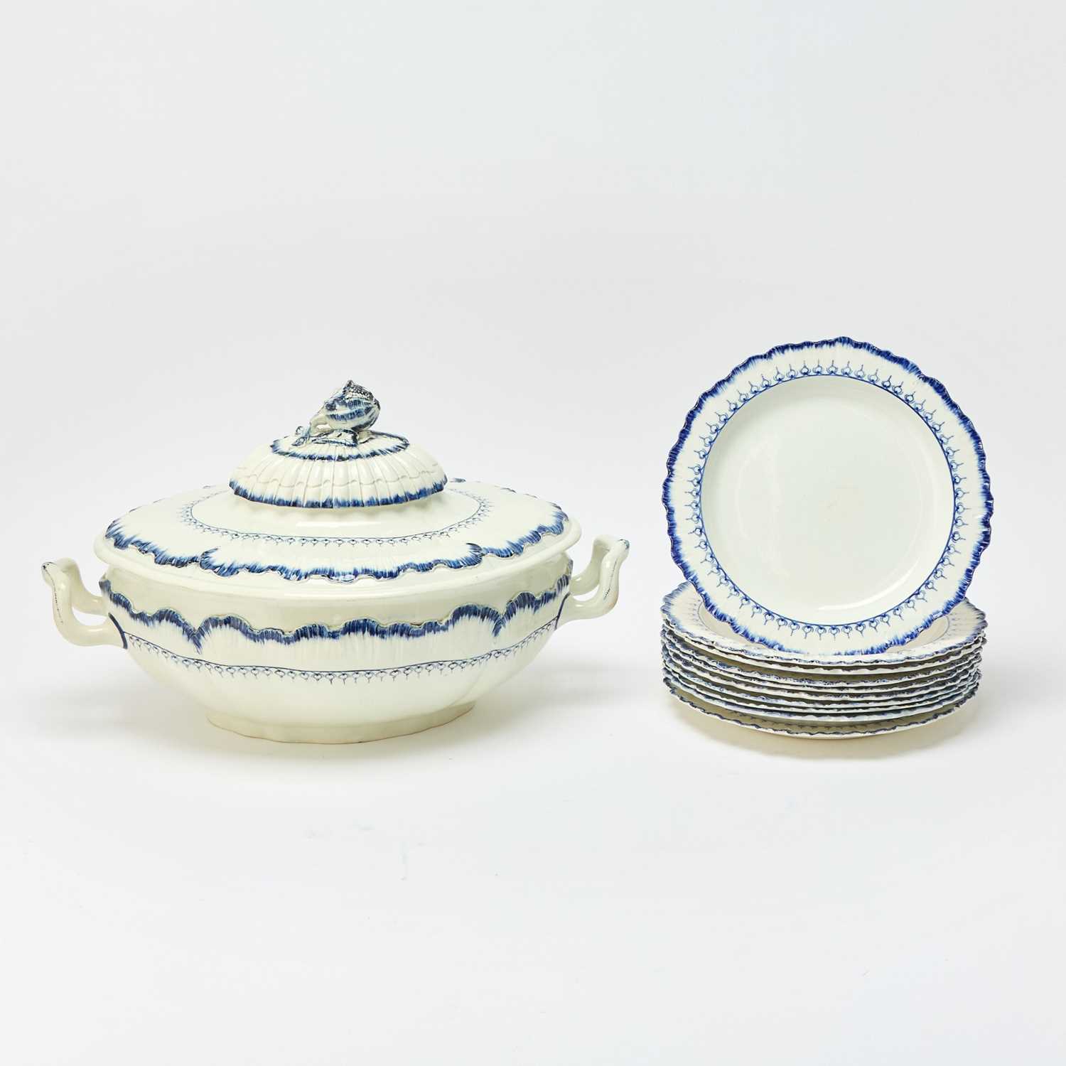 Lot 40 - Wedgwood Blue Feathered Creamware Two-Handled Tureen with Cover and Ten Dinner Plates
