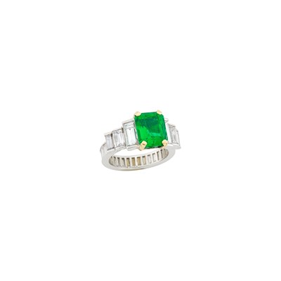 Lot 54 - Two-Color Gold, Emerald and Diamond Ring