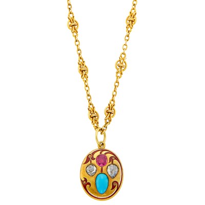 Lot 33 - Antique Gold, Ruby, Turquoise and Diamond Pendant with Chain Necklace