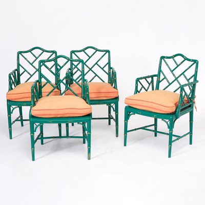 Lot 142 - Set of Four Phyllis Morris Green Painted Faux Bamboo Armchairs