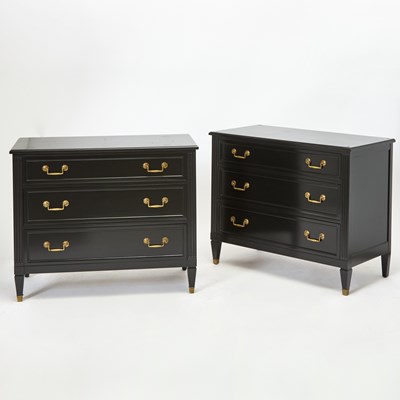 Lot 276 - Pair of Louis XVI Style Black Painted Wood Chests of Drawers