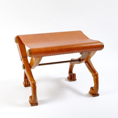 Lot 246 - T.H. Robsjohn-Gibbings Walnut, Leather and Brass "Diphros" Cross-Leg Stool