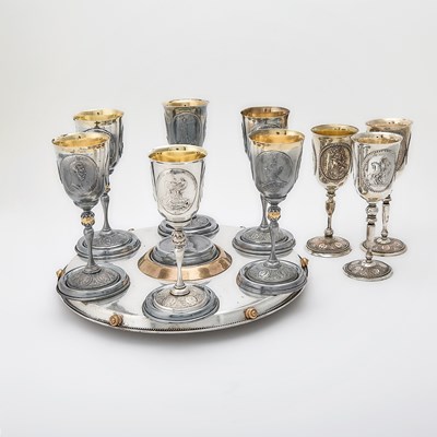 Lot 271 - Assembled Set of Nine Russian Silver Plated Goblets and a Tray