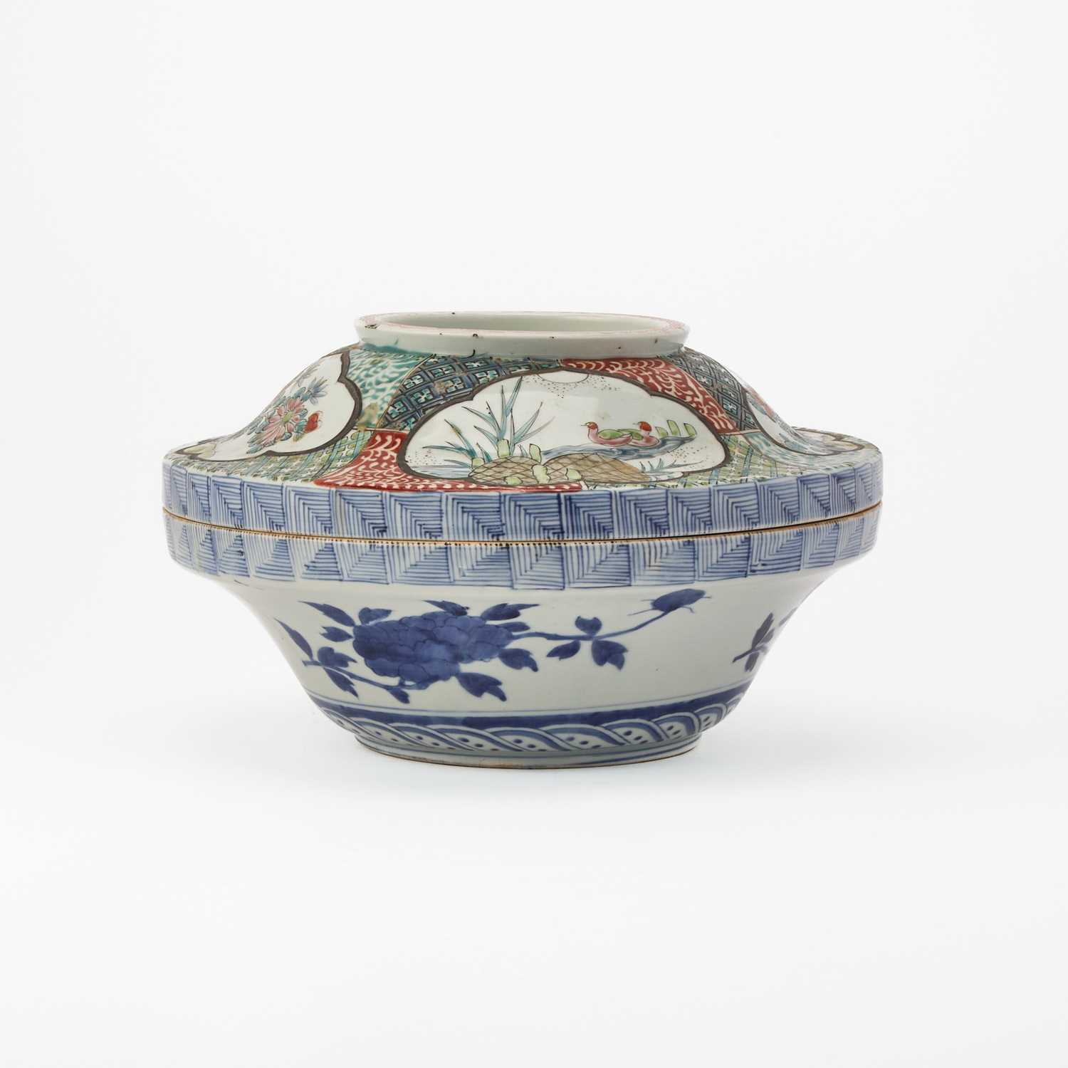 Lot 91 - Large Japanese Porcelain Underglazed Blue and Polychrome Enameled Covered Serving Bowl