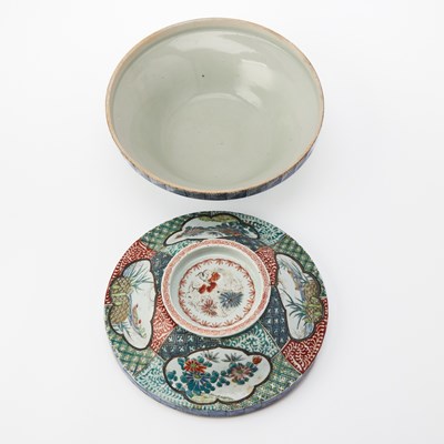 Lot 91 - Large Japanese Porcelain Underglazed Blue and Polychrome Enameled Covered Serving Bowl