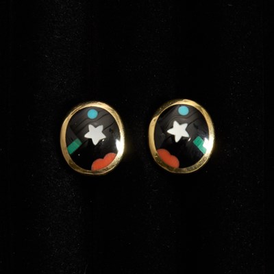 Lot 374 - Pair of 14KT Gold and Inlaid Hardstone Earclips