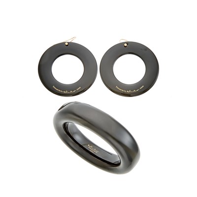 Lot 1050 - Tiffany & Co., Elsa Peretti Black Lacquer 'Doughnut' Bangle Bracelet and Pair of Pendant-Earrings