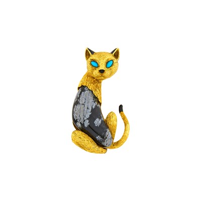 Lot 133 - Cartier Paris Gold, Hardstone and Turquoise Cat Clip-Brooch