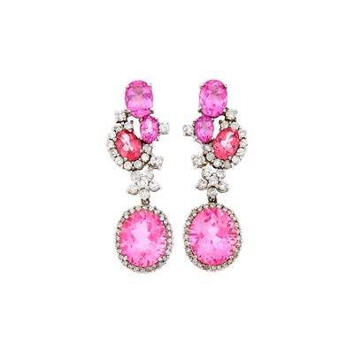 Lot 153 - Pair of White Gold, Pink Stone and Diamond Pendant-Earrings
