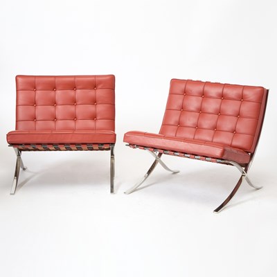 Lot 439 - Pair of Mies van der Rohe Chromed Metal and Leather Upholstered "Barcelona" Lounge Chairs