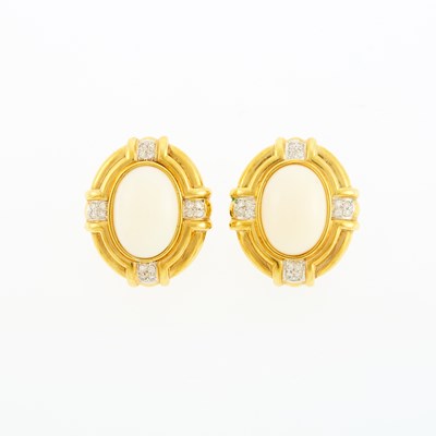 Lot 1118 - Pair of Two-Color Gold, White Coral and Diamond Earrings