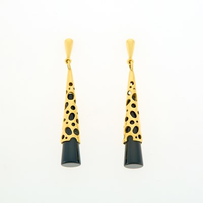 Lot 1095 - Pair of Gold and Black Onyx Pendant-Earrings