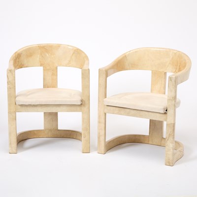 Lot 396 - Pair of Karl Springer Lacquered Goatskin and Upholstered "Onassis" Armchairs