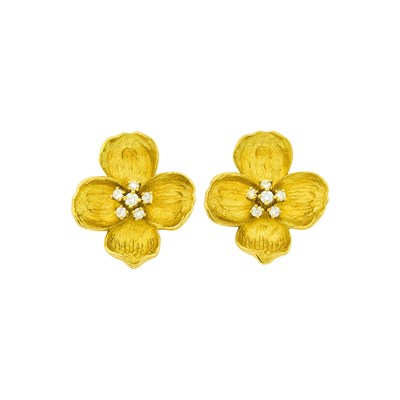 Lot 115 - McTeigue & Co. Pair of Gold and Diamond Flower Earrings