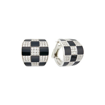 Lot 81 - Enigma Pair of White Gold, Diamond and Black Enamel Half-Hoop Earrings