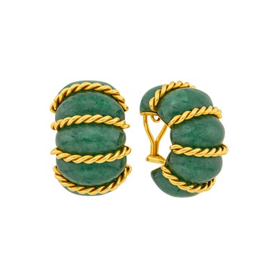 Lot 20 - Seaman Schepps Pair of Gold and Aventurine Quartz 'Shrimp' Earclips