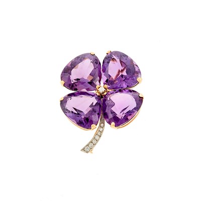 Lot 1084 - Gold, Platinum, Amethyst and Diamond Brooch