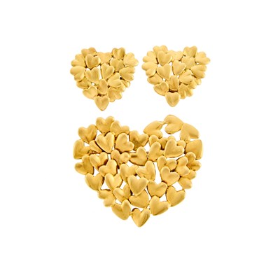 Lot 1009 - Movado Gold Heart Pendant-Brooch and Pair of Earrings