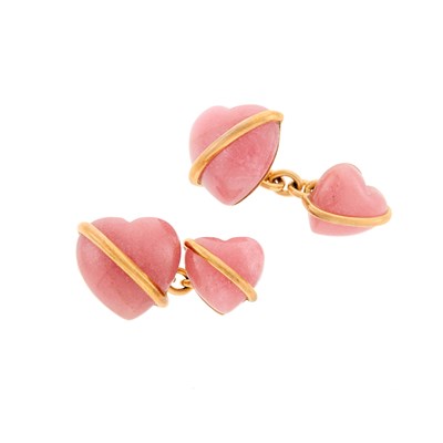 Lot 1041 - Seaman Schepps Pair of Gold and Carved Rhodochrosite Heart Cufflinks