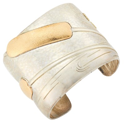 Lot 1003 - Tiffany & Co. Wide Silver and Two-Color Gold Cattail Cuff Bracelet