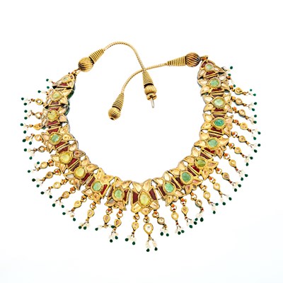 Lot 1162 - Indian Gold, Emerald, Jaipur Enamel, Freshwater Pearl and Paste Fringe Necklace