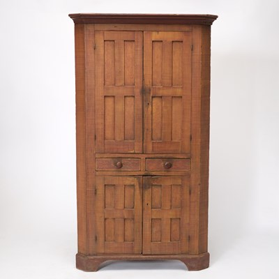 Lot 146 - Faux Tiger Maple Grain Painted and Paneled Corner Cupboard