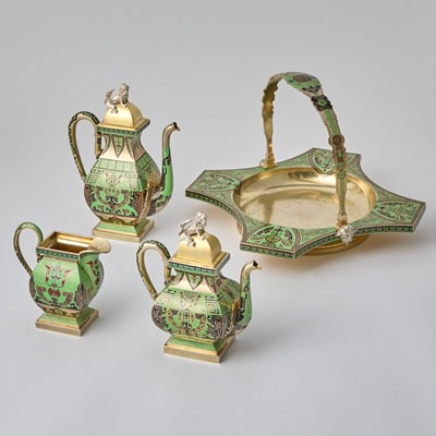 Lot 65 - Rare Russian Silver-Gilt and Champlevé Enamel Tea and Coffee Service