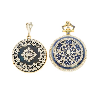 Lot 1172 - Belle Epoque Platinum, Gold, Blue Guilloché Enamel and Diamond Locket and Pendant-Watch