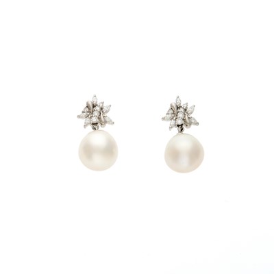 Lot 2052 - Pair of White Gold, Cultured Pearl and Diamond Pendant-Earrings