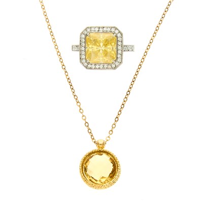 Lot 1270 - Platinum, Simulated Yellow Stone and Diamond Ring and Gold and Citrine Pendant