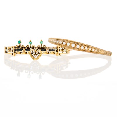 Lot 2120 - Two Gold, Split Pearl, Black Enamel and Green Onyx Bangle Bracelets