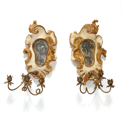 Lot 485 - Pair of Italian Rococo Parcel-Gilt and Carved Painted Wood Three-Branch Wall-Lights