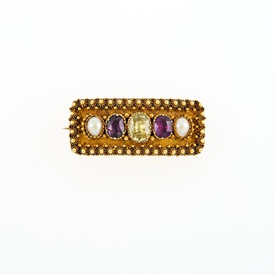 Lot 1177 - Antique Gold, Gem-Set and Pearl Cannetille Mourning Brooch