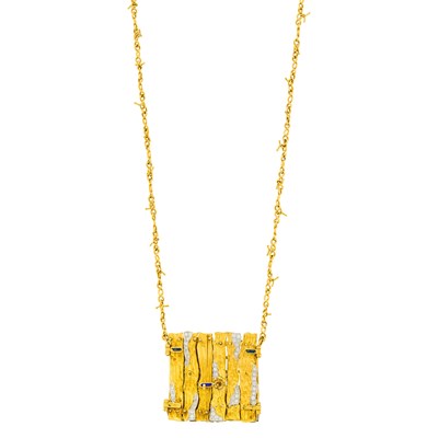 Lot 1020 - Gold, Platinum, Diamond and Blue Enamel Pendant-Necklace