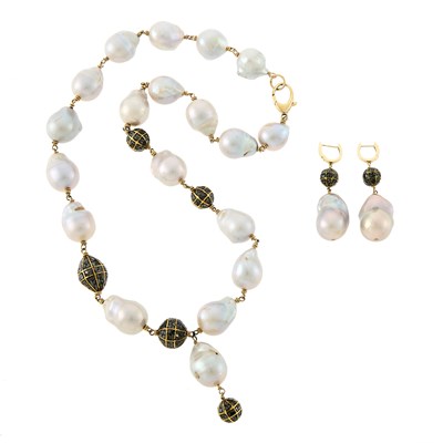 Lot 1104 - Silver-Gilt, Baroque Freshwater Pearl and Colored Diamond Necklace and Pair of Pendant-Earrings