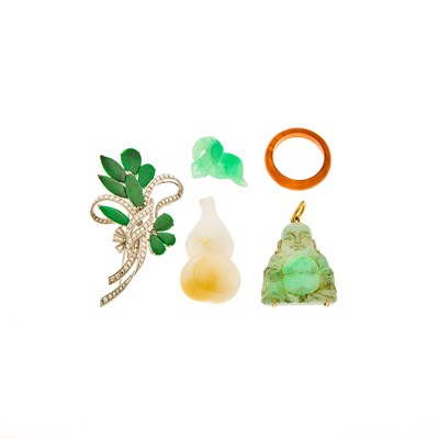 Lot 1230 - Low Karat White Gold and Jade Brooch, Jade Ring and Pendants