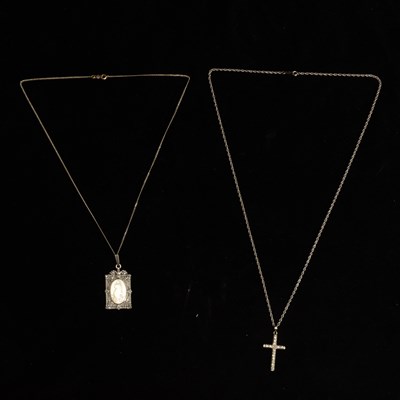 Lot 121 - Two White Gold, Diamond, Platinum-Topped Gold, and Mother-of-Pearl Pendant Necklaces