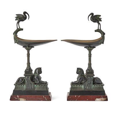 Lot 187 - Pair of French Egyptian Revival Patinated Green and Brown Bronze Tazzas