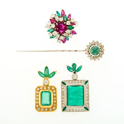 Lot 1235 - Yellow and White Gold, Emerald, Synthetic Ruby, Ruby and Diamond Jewelry